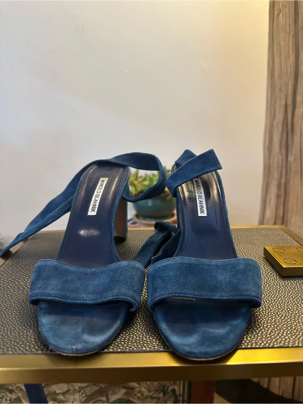 Manolo Blahnik Navy Blue Suede Ankle-Tie Heels